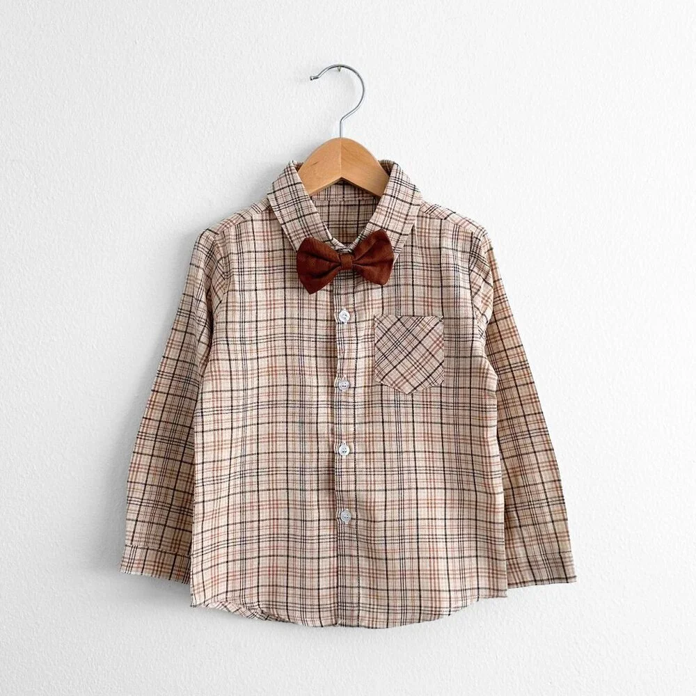 NWT Handsome Boys Dress Shirt, Bow Tie, Pants & Suspenders Set Tan & Brown 9-12M